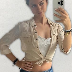 Y2K Active Long Sleeve Size S Latte Button Up Lace Shirt